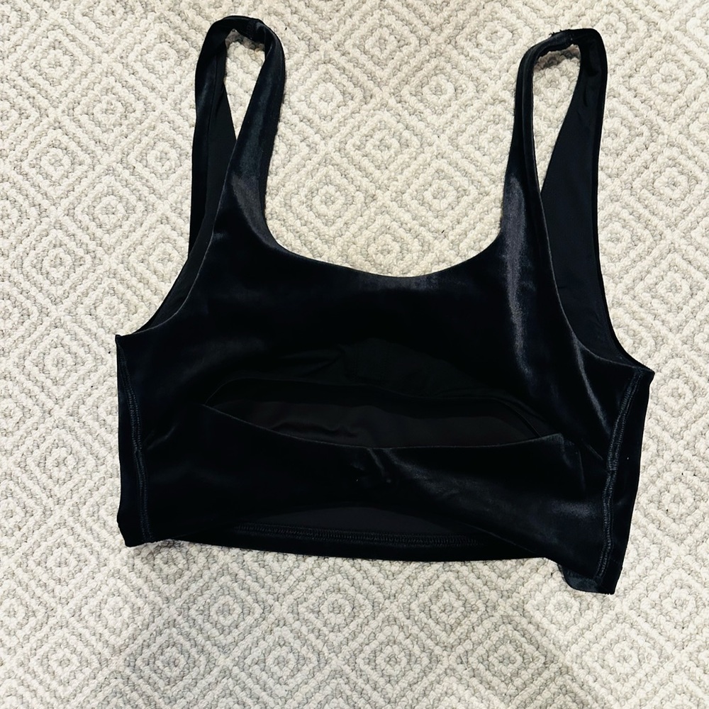 Athleta size S velvet bra top with opening in back. tights listed separately